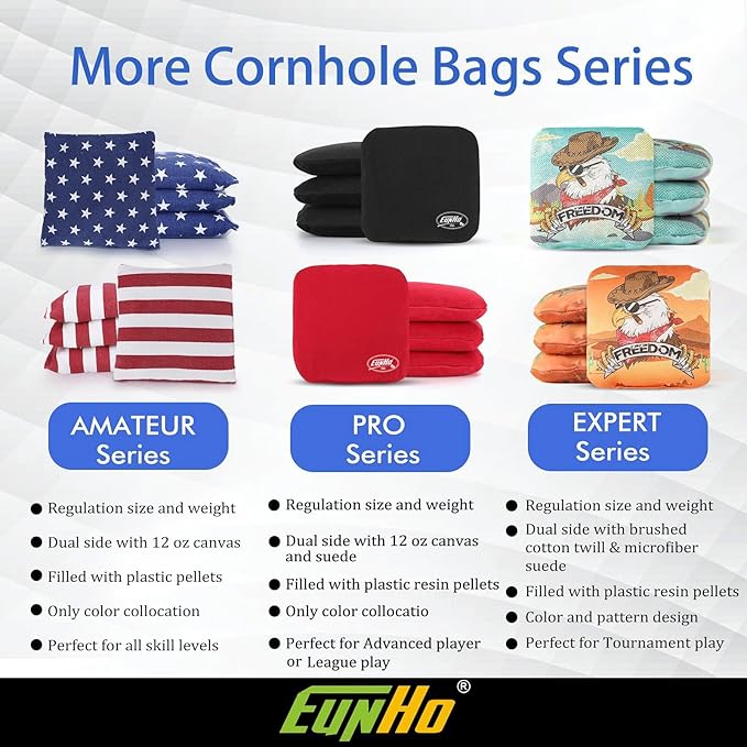 EunHo Regulation Cornhole Bags Set of 8 - Dual Sided Slick and Stick Cornhole Bean Bags for Tossing Game Professional All Weather Pro Corn Hole Bags with Tote Bag