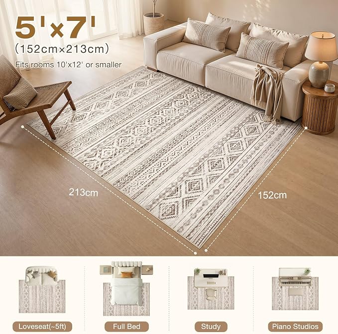 cotiled 5x7 Area Rugs Living Room Rug: Washable Boho Rugs with Non Slip Backing Large Soft Indoor Stain Resistant Carpet for Bedroom Farmhouse Dining Room Lightweight Home Decor Dark Brown