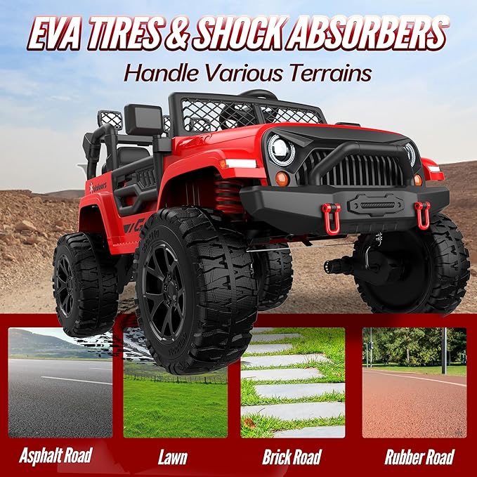 ARBELI 2 Seater Ride On Car for Kids, EVA Tires, 24V 4WD Electric Car w/Remote Control, Bluetooth, LED Lights, Ride On Truck for Boys and Girls Aged 3-8, Red