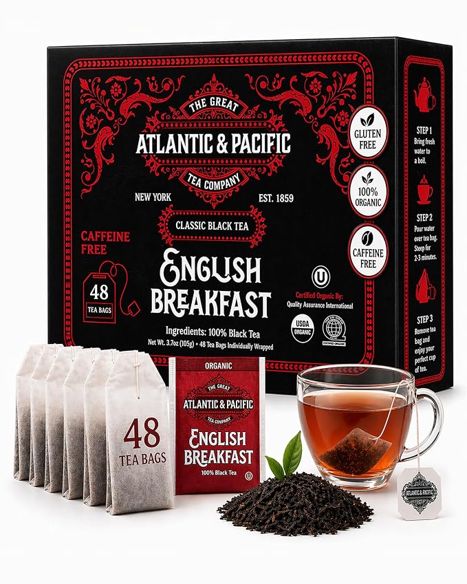 A&P Organic English Breakfast Tea Bags, 48 Count, Full Bodied Rich Black Tea, Bold Flavor, Smooth Finish, Premium Black Tea, Hot or Iced Tea, Morning and Evening Tea, Fresh Aroma, Classic Blend