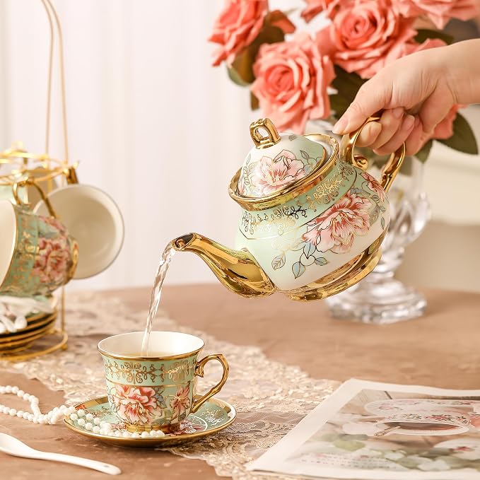 20 Pieces Porcelain Tea Set With Metal Holder, European Ceramic tea set for adults,Flower Tea Set,Tea Set For Women With Flower Painting（Light Green）