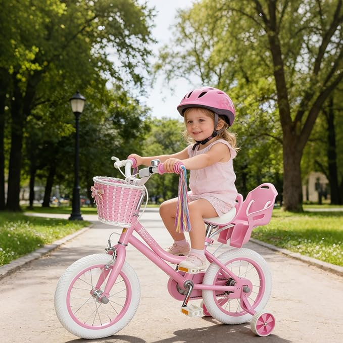 KORIMEFA Girls Bike for Ages 2-8 Years Toddler Kids with Doll Seat, 12 14 16 Inch Bicycle with Training Wheels, Little Small Princess Bicycle with Basket& Streamers, Girls Pedal Bike