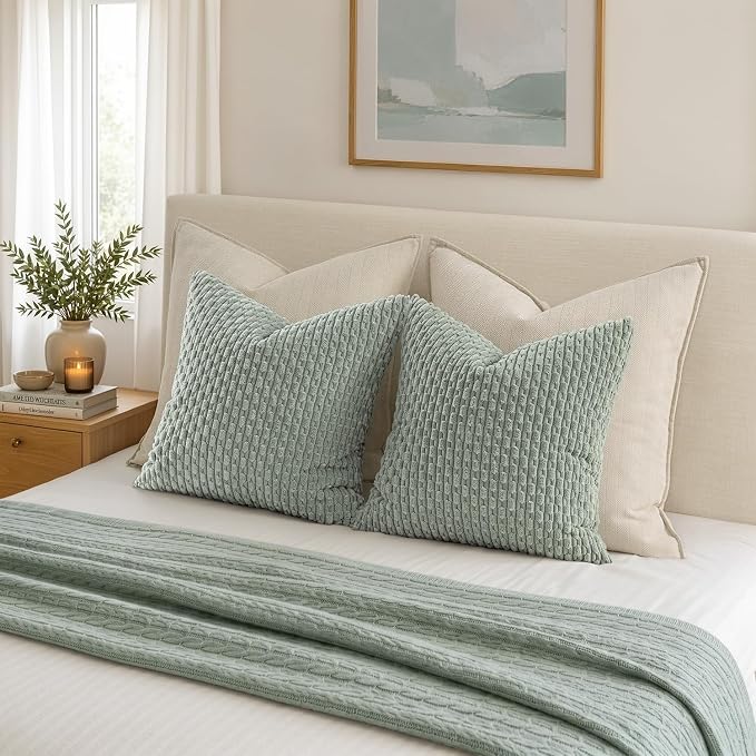 MIULEE Decorative Throw Pillow Covers 20x20 Greyish Green Textured Corduroy | Pack of 2 Striped Pillow Covers Modern Farmhouse Home Decor for Couch Bed Sofa Living Room