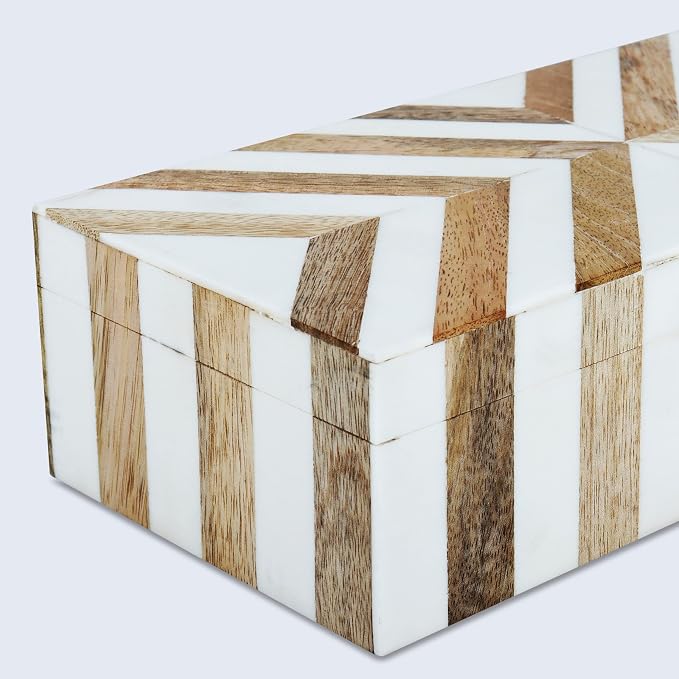 Handicrafts Home White Decorative Storage Box with Lid Wooden Coffee Table Storage Box Decorative Organizer for Living Room Decor – Resin Inlay Marquet Chevron Collection - 10x4.5x2.5