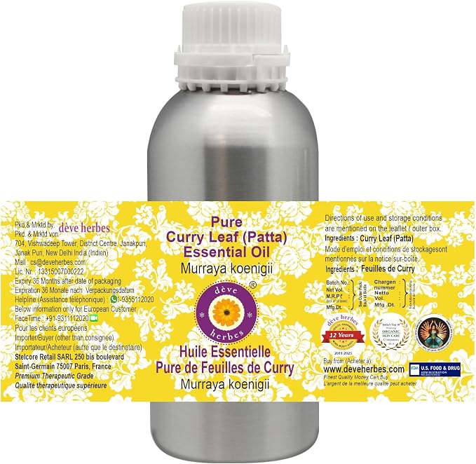 Deve Herbes Pure Curry Leaf (Patta) Essential Oil (Murraya koenigii) Steam Distilled 1250ml (42 oz)
