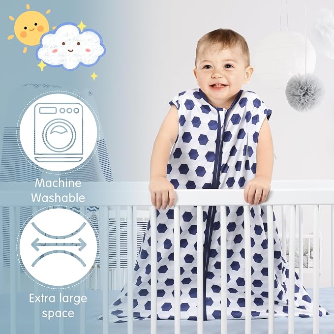 BSTOPPT 3 Pack Baby Sleep Sack 100% Rayon Cotton Baby Sleeping Bag 2-Way Zipper Toddler Wearable Blankets TOG 0.3. (Soccer&Triangles&Blue, 0-6 Months)