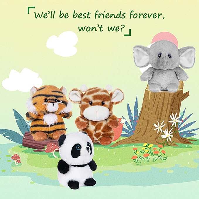 My OLi 5" Forest Animal Plush Set - Panda, Elephant, Giraffe & Tiger Bundle for Kids & Babies (Pack of 4)