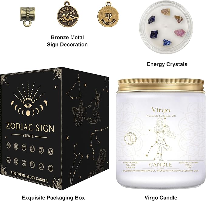 Zodiac Sign Candles, Zodiac Crystal Sign Candles,Astrology Scented Candles Best Friends Gifts for Women, Men Sister Brother Zodiac Funny Birthday Gift Candle Jar (Virgo)
