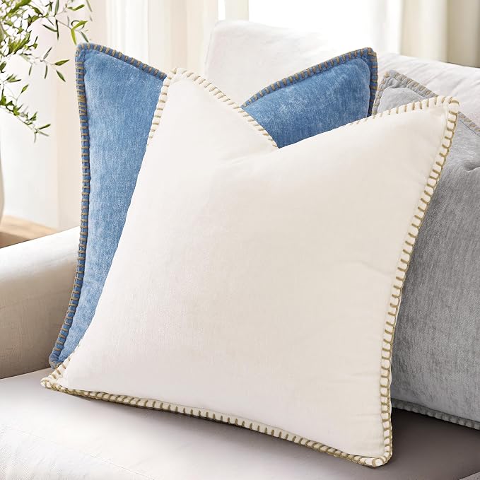 decorUhome Soft Chenille Throw Pillow Covers 22x22 Set of 2 Blue | Fall Textured Decorative Throw Pillow Cases Stitched Edge Modern Farmhouse Luxury Boho Velvet for Couch Sofa Bed Home Decor