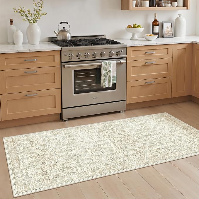 Soalmost Runner Rug 2x5 Washable Non-Slip Kitchen Entry Runners Beige/Brown | Soft Low-Pile Rugs for Bathroom Laundry Room, Vintage Foldable Floor Carpet Mat Hallway Entryway for Corridor Bedroom