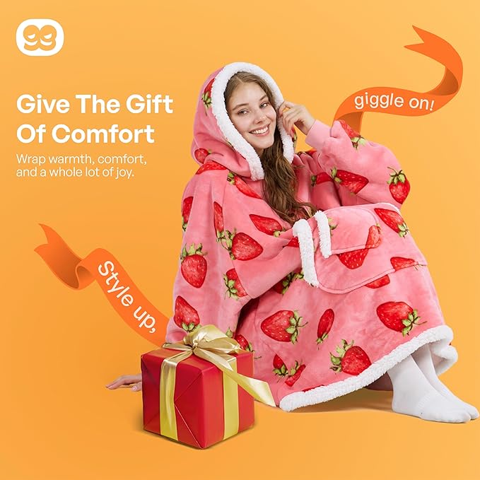 Giggling Getup Wearable Blanket Hoodie for Adults Gifts for Teen Girls Sister Women Sherpa Fleece Printed Hooded Blanket Sweatshirt Warm Cozy with Pocket & Sleeves Pink Strawberry