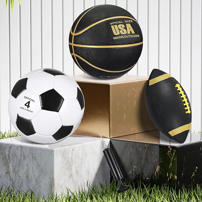 Libima 3 Pcs Sports Ball Set for Kids Teens Include Official Size 5 Basketball 4 Soccer 6 Football with Pump and Carry Bag Training Practice Sport Gift for Kids Teens Back to School