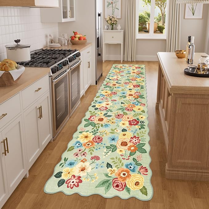 DUKINO 2x8 Washable Runner Rug, Floral Non Slip Kitchen Runner Rug, Green | Low Pile, Soft Throw Rug Runner for Hallway, Entryway, Bedroom, Bathroom, Pet Friendly, Stain Resistant, Home Decor