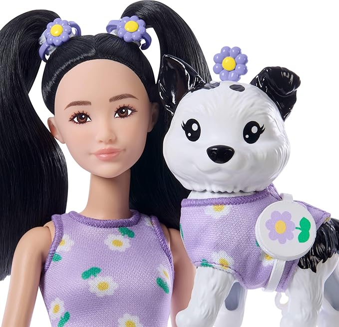 Barbie Twinning Looks Doll with Pet Dog in Matching Purple Daisy Clothes and Accessories for Both Like Flowers and Belt Bags, Black Hair