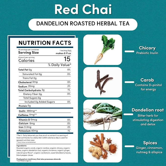 Teeccino Dandelion Red Chai Tea - 25 Tea Bags - Caffeine-Free, Roasted Herbal Tea with Prebiotics, 3x More Herbs than Regular Tea Bags, Gluten Free, (Pack of 3)