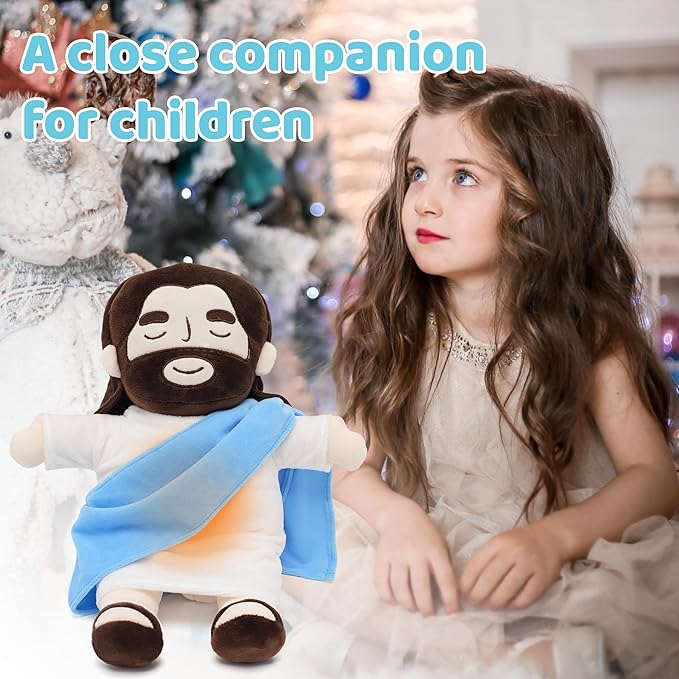 Officially Jesus Plush Breathing Soothing Stuffed Animal Heart of Jesus Toy Savior Doll for Church Sunday School Religious Easter Gift for Kids (Blue)