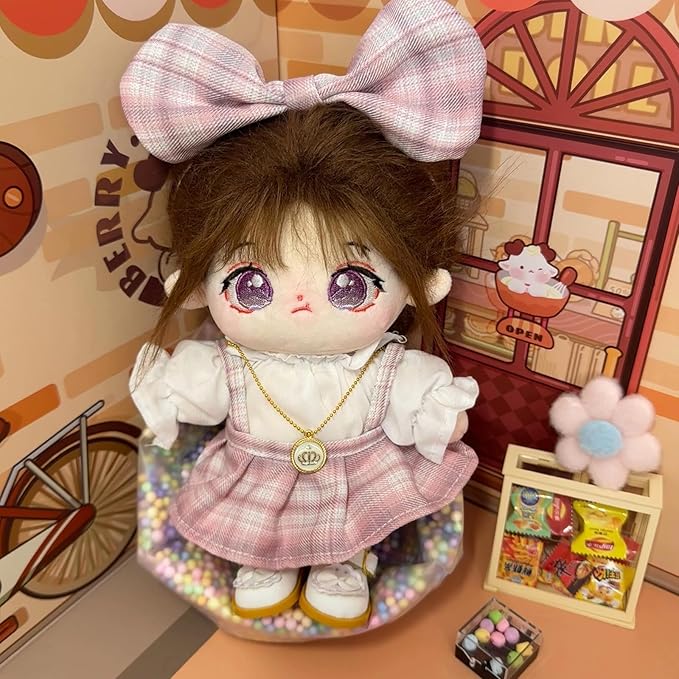 CALEMBOU Plush Doll Clothes Set, Cute JK Uniform Set, Doll Dress Shirt Bow Necklace Shoes 5Pcs Outfits for 20cm/8 inch Soft Dolls Stuffed Animals (Pink Clothes set-20cm/8)