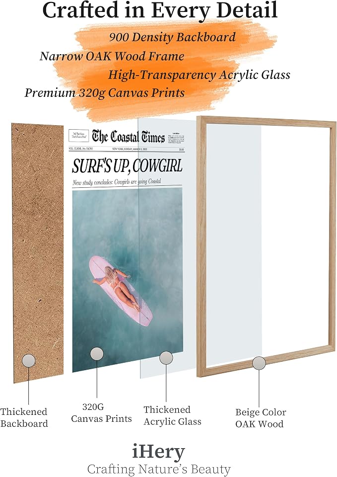 iHery 16x20in Surf’s Up Cowgirl Framed Newspaper Wall Art | Natural OAK Wood Frame with Canvas Print, Coastal Western Decor for Bedroom, Girl Dorm, Living Room and Bar Cart, 1Pack