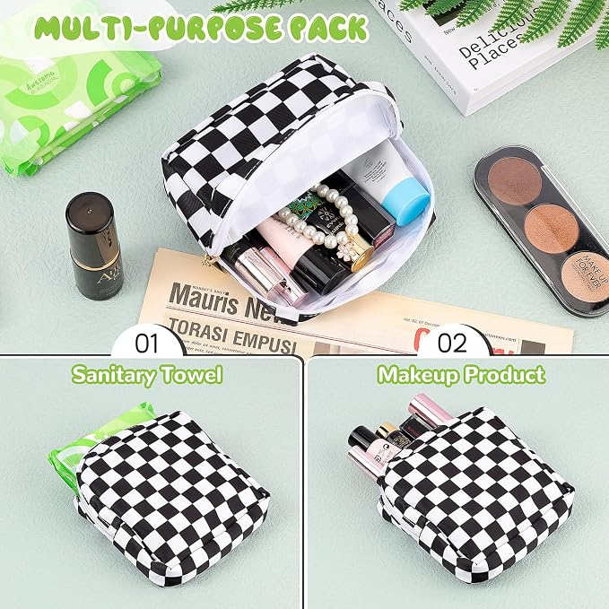 Sanitary Pad Storage Bag Portable Period Bag for Teen Pads/Sanitary Napkins/Small Tampons, Sanitary Napkin Storage Bag First Period Gifts for Teen Girls (Black-white Check)
