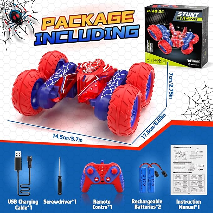 Spider Remote Control Cars for Boys 4-7, 360° Spinning RC Stunt Car with 2 Batteries Cool Lights Toys Birthday Gift for Boys 4 5 6 7 8 9 10 11 12 Year Old
