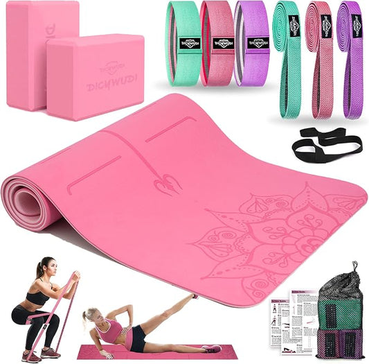 DICYWUDI Yoga Mat Thick, 6 Fabric Resistance Bands, 2 Pack Yoga Blocks, Home Workout Equipment Essentials Starter Kit for Beginners Full Body Toning