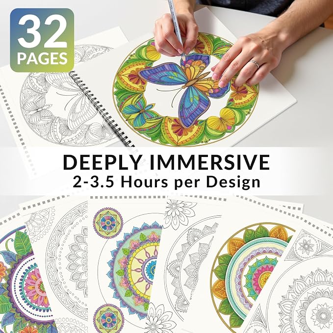 FUNLAVIE Mandala Coloring Book for Adults Relaxation and Teens Stress Relief, Spiral Coloring Book for Women, Spiral Bound Mindfulness Stress-Free Patterns for Adult, Large Print Coloring for Men