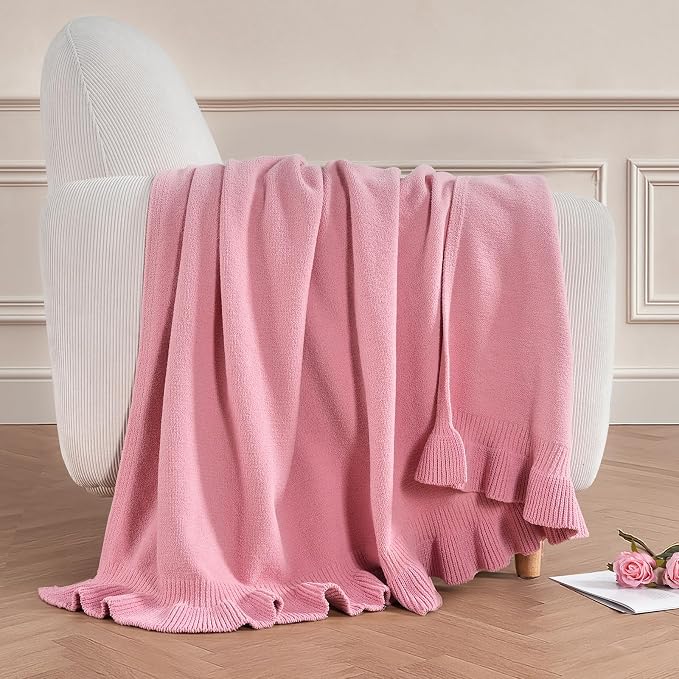 Ultra Soft Ruffle Knit Chenille Throw Blanket for Couch & Bed, Cozy Flowers Blankets for Home Decor, Gifts for Women Mom Sister on Mother's Day Valentine's Day Birthday, 50"x60", Pink