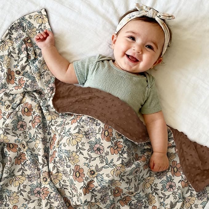 Baby Blanket for Girls, Soft Cozy Nursery Minky Blanket with Double Layer Dotted Backing for Infant Toddler in Crib Stroller, Floral Vintage Brown Blanket, 30x40 Inches