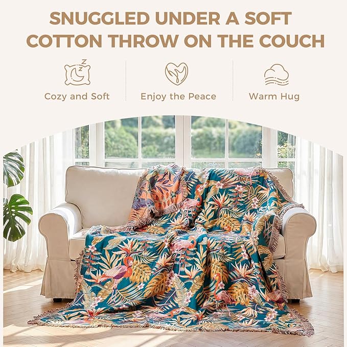 LUTBM Boho Throw Blanket for Couch 50"x60", Cotton Decorative Bed Throws | Reversible Leaves Birds Jacquard, All-Season Lightweight Soft Blanket, For Chair Sofa Bedroom Living Room Decor, Accent Gift