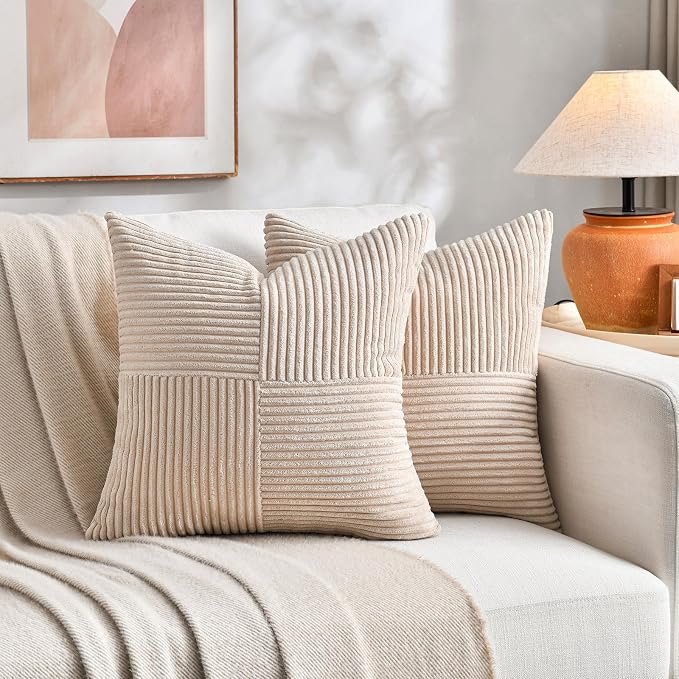 Fancy Homi 2 Packs Tan Decorative Throw Pillow Covers 16x16 Inch for Living Room Couch Bed Sofa, Farmhouse Boho Home Decor, Soft Corss Patchwork Corduroy Textured Square Beige Cushion Case 40x40 cm
