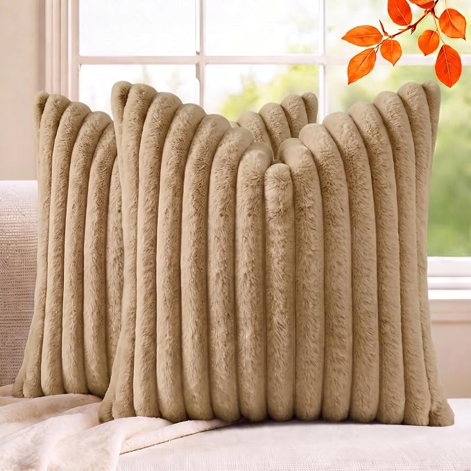 Pack of 2 Throw Pillow Covers 20x20 Decorative Solid Plush Faux Fur with Soft Velvet Back, Square Striped Cushion Cases Modern Farmhouse Home Decor for Living Room Couch Sofa Bed Khaki