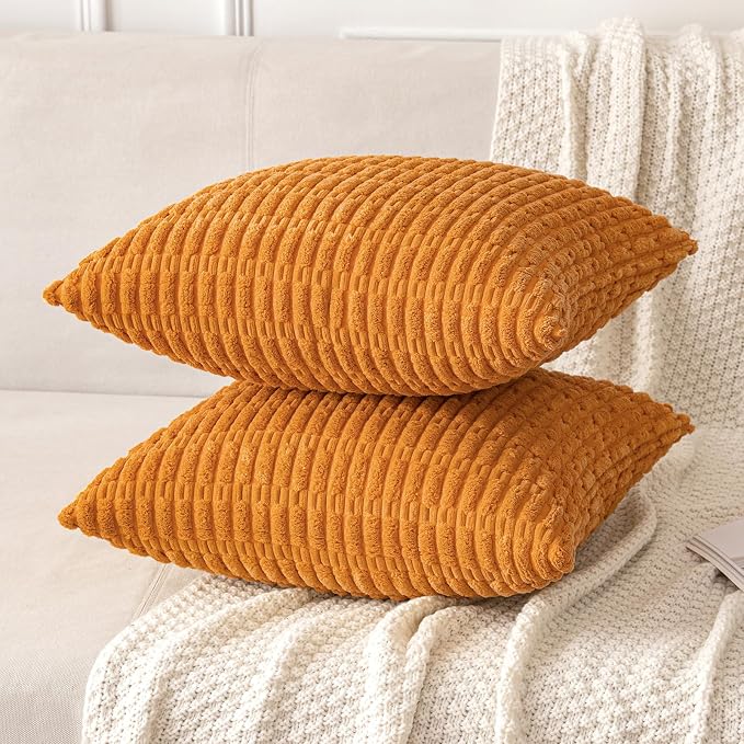MIULEE Euro Fall Corduroy Decorative Throw Pillow Covers 24x24 Burnt Orange | Pack of 2 Sham Soft Boho Striped Pillow Covers Modern Farmhouse Autumn Home Decor For Sofa Living Room Couch Bed