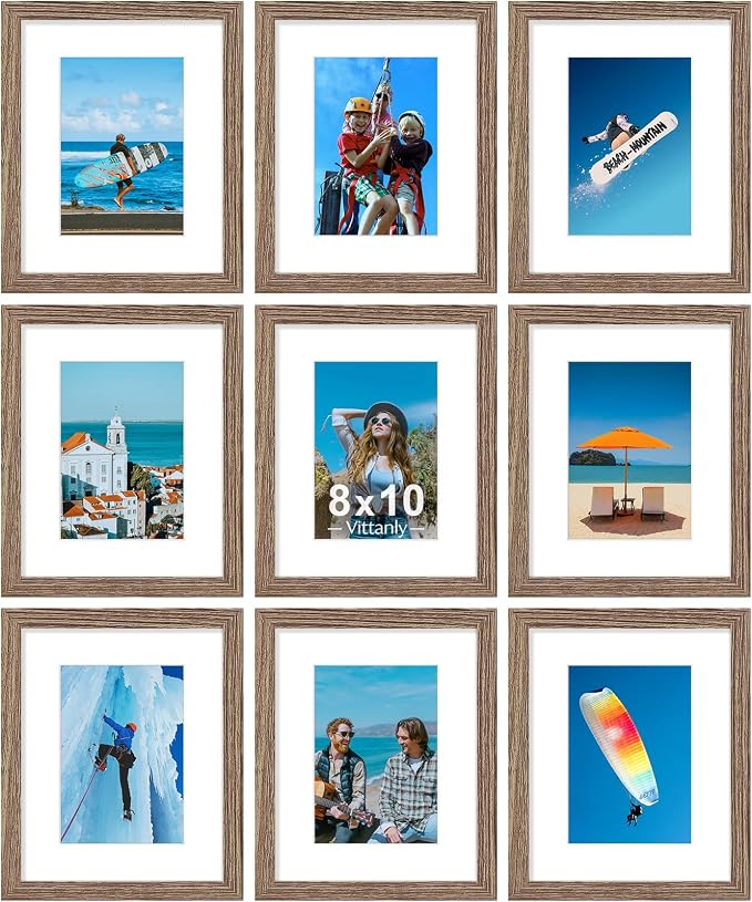 Vittanly 8x10 Picture Frames Set of 9 for Wall Mount or Tabletop, Dark Oak | Display Pictures 5x7 with Mat or 8x10 without Mat, Small Photo Frames, Engineered Wood with Shatter Resistant Plexiglass