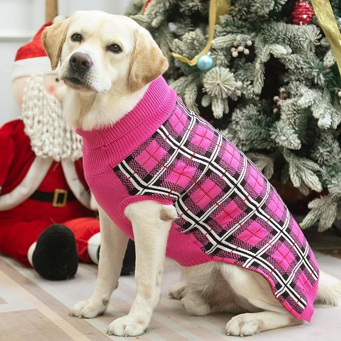 PUPTECK Dog Sweaters for Large Medium Small Dogs - Fall Classic Plaid Style Puppy Holiday Winter Coat Clothes Warm, Fuschia, S