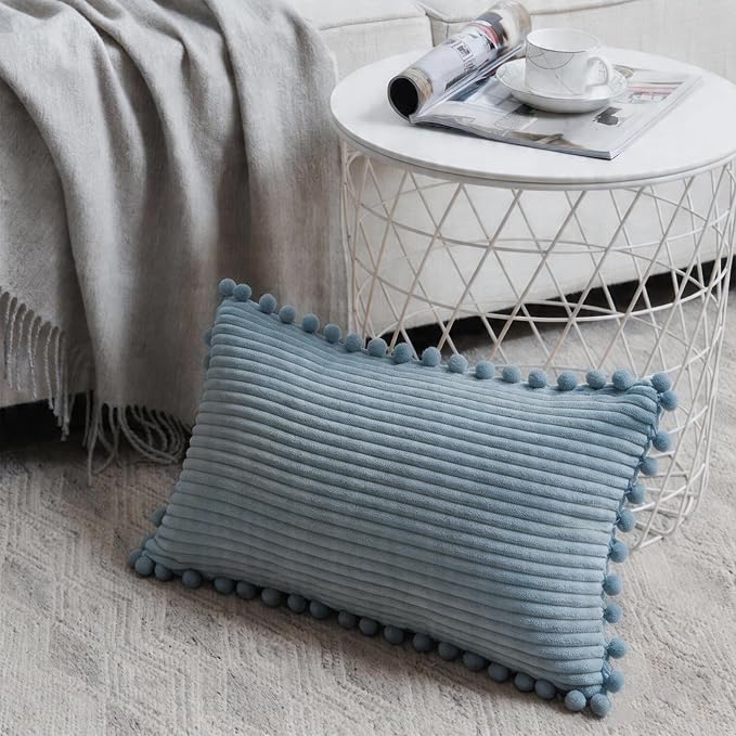 Fancy Homi Set of 2 Light Blue Lumbar Decorative Throw Pillow Covers 12x20 Inch with Pom-poms, Soft Corduroy Solid Rectangle Baby Blue Cushion Cases Set for Couch Sofa Bedroom Car Living Room 30x50 cm