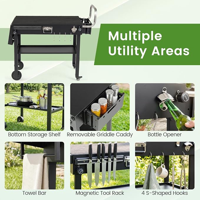 Happygrill Outdoor Grill Cart w/31” x 17” Tabletop for Blackstone Griddle | Foldable Grill Table w/Side Tray, Magnetic Tool Rack, Bottle Opener, Oil Mat, Hooks, BBQ Pizza Oven Table for Camping