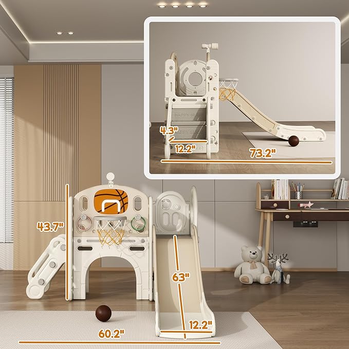 Qaba 7-in-1 Toddler Slide Playset, Kids Slide for Ages 1-6 Years with Ring Toss, Basketball Hoop, Telescope, Indoor Playground with Climber, Storage Space, Crawl Tunnel, Cream White