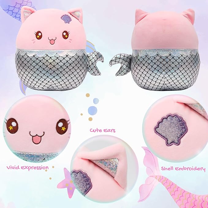 12” Mermaid Cat Plush Pillow Soft Mermaid Stuffed Animal Cute Cat Plush Toy Birthday Christmas Festival Gifts for Kids