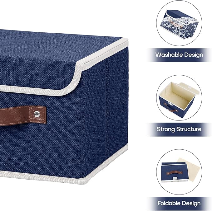 ANMINY Fabric Storage Box Bins with Lids, Blue, 10"x8"x7" | Keepsake Memory Storage, Cotton Linen, PP Board Reinforced, Washable, PU Handles, Foldable & Stackable, Decorative, Small