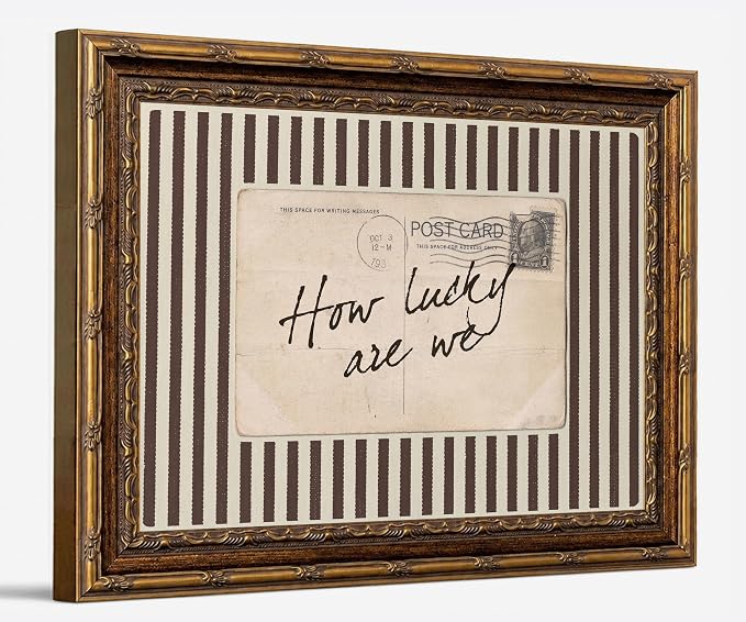 Vintage Gold Framed How Lucky We Are Wall Art Retro Inspirational Canvas | Antique Striped Postcard Quote Poster Print Painting for Bedroom Dorm Apartment, 16x24 Inch