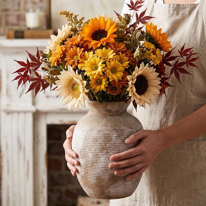 Ceramic Flower Vase, 7.9in Farmhouse Table Rustic Vases,Small Flower Terracotta Vases for Home Decor, Living Room,Table, Handcrafted (Terracotta)