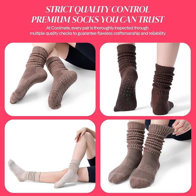 COOLMATE Pilates Socks with Grips for Women, Yoga Socks, Crew Non Slip Women for Barre, Pilates Gifts for Women