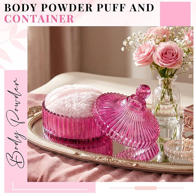 Tioncy 2 Pcs Extra Large Dusting Powder Puff and Container for Women-6'' Glass Crystal Dusting Powder Container with Body Soft Washable Reusable Velour Face(Rose Red,Classic)