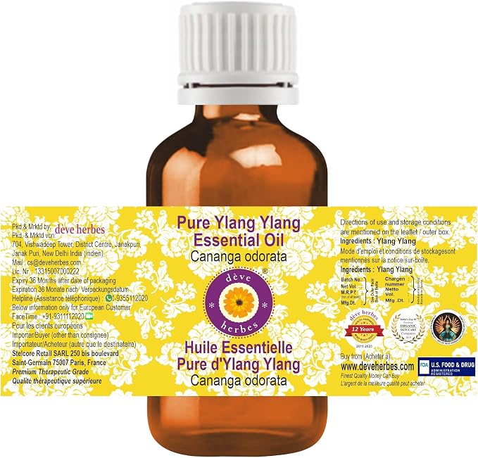 Deve Herbes Pure Ylang Ylang Essential Oil (Cananga odorata) Steam Distilled (Pack of Two) 100ml X 2 (6.76 oz)