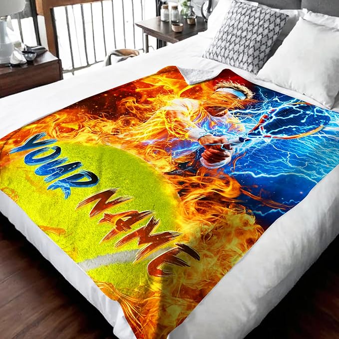 Blanket for Boys Personalized Tennis Throw Blankets Gift for Kids Teens, 40”x50” Soft Warm All Season Custom Sport Throw for Sofa Couch Bed Home Decor