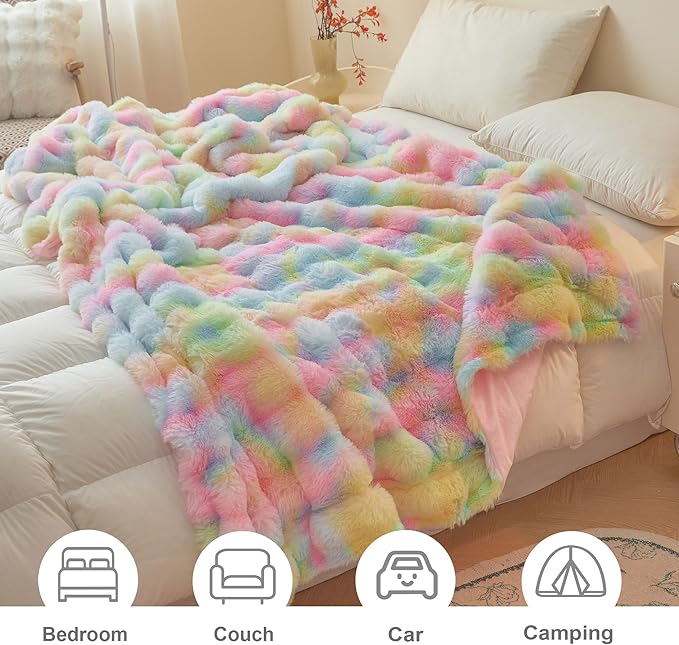 LIFEREVO Luxury Fluffy Faux Rabbit Fur Throw Blanket 60x80, Rainbow | Plush Fuzzy Bubble Lap Throw for Couch Sofa Office, Soft Cozy Tie Dye Furry Bed Blanket Home Decor, Washable & Skin-friendly