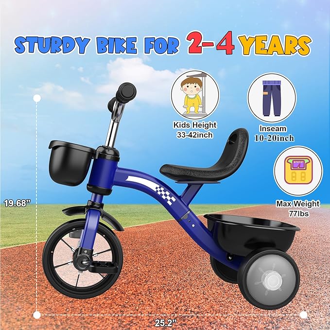 Toddler Tricycle for 1-3 3-4 Year Olds, Toddler Baby Bike, 2 3 4 Year Old Boys Girls Birthday Gifts, Outdoor Riding Toys for Ages 2-4, 3-Level Adjustable Seat, 3 Color Light Wheels, 2 Baskets