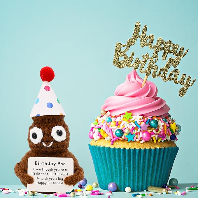 Birthday Poo with Stand. Emotional Support Crochet Gift. Happy Birthday Gifts for Women, for Her. Present for Mom. Funny Gag Gift for Friends.
