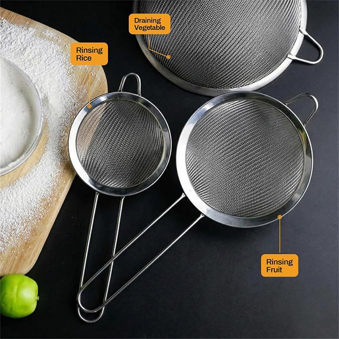 ELEEN Premium Stainless Steel Fine Mesh Strainers for Kitchen 3-Piece Set with Non-Slip Handle, Small, Medium & Large Sieves, Colanders and Sifter for Sifting, Straining, Pastas Tea, Rice Vegetables