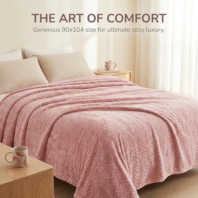 Exclusivo Mezcla Soft Fleece Blanket Queen Size for Bed, Sofa, Pink | 90"x90" Breathable Lightweight Flannel Blanket for Summer, Plush Cozy Jacquard Wave for Home Decor